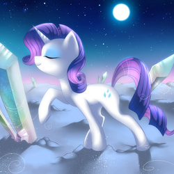 Size: 2000x2000 | Tagged: safe, artist:jacky-bunny, rarity, pony, unicorn, g4, crystal, female, high res, mare, moon, night, raised hoof, smiling, solo