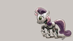 Size: 1920x1080 | Tagged: safe, artist:ponyrake, sweetie belle, pony, robot, unicorn, g4, female, filly, foal, gray background, hooves, horn, raised hoof, simple background, solo, species swap, sweetie bot, wallpaper