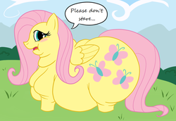 Size: 1000x688 | Tagged: safe, artist:guyfuy, fluttershy, pegasus, pony, belly, big belly, blushing, chubby cheeks, fat, fattershy, female, flabby chest, large butt, mare, neck roll, obese, solo
