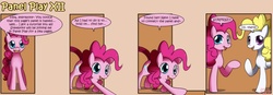 Size: 1400x489 | Tagged: safe, artist:solar-slash, pinkie pie, surprise, earth pony, pegasus, pony, g1, g4, comic, duo, duo female, female, fourth wall, g1 to g4, generation leap, mare, panel play, smiling