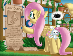 Size: 1400x1082 | Tagged: safe, artist:berrypawnch, angel bunny, fluttershy, pegasus, pony, rabbit, g4, animal, annoyed, butt, butt touch, comic, duo, female, flutterbutt, mare, mouth hold, plot, poster, tape, the far side, thought bubble, um