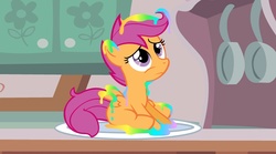 Size: 1020x566 | Tagged: safe, artist:chadrocco, scootaloo, pegasus, pony, g4, female, filly, kitchen, sad, scootachicken, sitting, solo, sugarcube corner