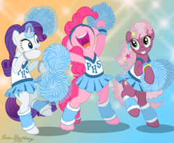 Size: 807x664 | Tagged: safe, artist:brianblackberry, cheerilee, pinkie pie, rarity, earth pony, pony, unicorn, g4, 80s, 80s cheerilee, bipedal, bottomless, braces, cheeribetes, cheerileeder, cheerleader, cheerleader pinkie, cheerleader rarity, clothes, cute, diapinkes, female, hilarious in hindsight, leg warmers, mare, partial nudity, pom pom, raribetes, skirt, teenager, trio, trio female, young