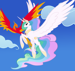 Size: 1876x1773 | Tagged: safe, artist:emeralddarkness, philomena, princess celestia, alicorn, phoenix, pony, g4, cloud, cloudy, duo, female, flying, mare, sky, smiling, spread wings