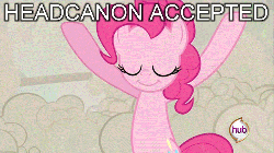 Size: 500x281 | Tagged: safe, edit, edited screencap, screencap, doomie, pinkie pie, changeling, earth pony, pony, a canterlot wedding, g4, season 2, animated, bipedal, caption, disguise, disguised changeling, female, gif, happy, headcanon, headcanon accepted, hub logo, image macro, mare, reaction image, solo focus, text