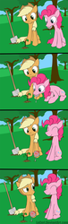 Size: 800x2630 | Tagged: safe, artist:loceri, applejack, pinkie pie, earth pony, pony, g4, comic, duo, duo female, female, food, lollipop, mare, plant, planting, shovel, sitting, slice of life, smiling