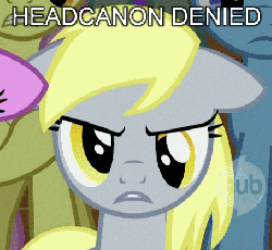 Size: 454x418 | Tagged: safe, edit, edited screencap, screencap, amethyst star, derpy hooves, minuette, parasol, sparkler, pegasus, pony, g4, green isn't your color, angry, animated, blonde, blonde hair, blonde mane, caption, derpy hooves is not amused, ears back, female, floppy ears, frown, gif, gray body, gray coat, gray fur, gray pony, grey body, grey fur, grey pony, headcanon, headcanon denied, hub logo, image macro, mare, solo focus, text, unamused, yellow eyes, yellow hair, yellow mane