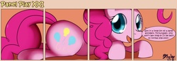 Size: 1400x489 | Tagged: safe, artist:solar-slash, pinkie pie, earth pony, pony, g4, comic, female, fourth wall, mare, panel play, prone, solo