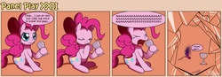 Size: 1400x489 | Tagged: safe, artist:solar-slash, pinkie pie, earth pony, pony, g4, comic, female, glass, mare, panel play, sitting, solo, yelling