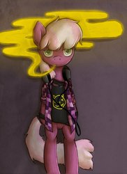 Size: 2550x3509 | Tagged: dead source, safe, artist:lonelycross, cheerilee, earth pony, semi-anthro, g4, '90s, 90s cheerilee, bipedal, clothes, female, grunge, headphones, high res, looking at you, mare, nirvana, rocker, smoke, solo