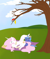 Size: 883x1058 | Tagged: safe, artist:miss-bow, princess celestia, princess luna, alicorn, pony, g4, autumn, book, duo, duo female, female, filly, foal, pink-mane celestia, prone, sisters, sitting, tree, woona, younger