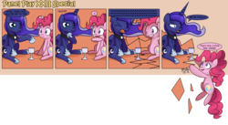 Size: 1700x929 | Tagged: safe, artist:solar-slash, pinkie pie, princess luna, alicorn, earth pony, pony, g4, comic, crack, duo, duo female, female, glass, mare, panel play, sitting, traditional royal canterlot voice, yelling