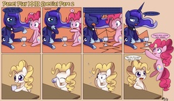 Size: 1695x985 | Tagged: safe, artist:solar-slash, pinkie pie, princess luna, surprise, alicorn, earth pony, pegasus, pony, g1, g4, comic, drinking, female, g1 to g4, generation leap, mare, panel play, shattered glass, yelling