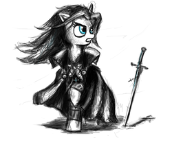 Size: 1750x1500 | Tagged: safe, artist:2chpencil, pony, unicorn, alucard, cape, castlevania, clothes, female, frown, glare, glowing horn, gritted teeth, horn, looking back, male, mare, monochrome, ponified, raised hoof, simple background, stallion, sword, weapon, white background, windswept mane