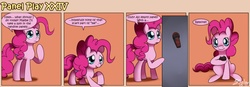 Size: 1400x489 | Tagged: safe, artist:solar-slash, pinkie pie, earth pony, pony, g4, comic, crossover, female, fourth wall, looking at you, mare, panel play, remote, solo, teen titans