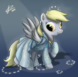 Size: 2116x2093 | Tagged: safe, artist:scarabdynasty1, derpy hooves, pegasus, pony, g4, clothes, dress, female, high res, jewelry, mare, raised hoof, smiling, solo, tiara