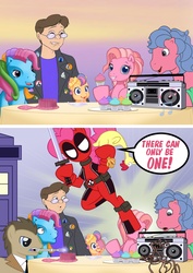 Size: 1536x2166 | Tagged: dead source, safe, artist:chadrocco, doctor whooves, melody, pinkie pie, pinkie pie (g3), rainbow dash (g3), scootaloo (g3), time turner, earth pony, human, pony, g1, g3, g3.5, g4, my little pony tales, clothes, cosplay, costume, crossover, deadpool, doctor who, drool, female, g1 hate, g3 hate, highlander, male, mare, marvel, mouth hold, pinkiepool, rubber chicken, sonic screwdriver, stallion, sword, tardis, the doctor, weapon
