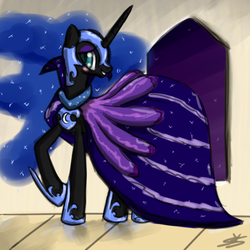 Size: 900x900 | Tagged: safe, artist:speccysy, nightmare moon, alicorn, pony, g4, clothes, dress, female, gala dress, mare, night, smiling, solo