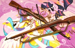 Size: 2743x1754 | Tagged: safe, princess celestia, twilight sparkle, alicorn, pony, unicorn, g4, bayonet, blanket, duo, duo female, female, gun, mare, moist nugget, mosin nagant, rifle, weapon