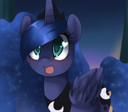 Size: 800x700 | Tagged: dead source, safe, artist:loyaldis, princess luna, alicorn, pony, g4, backwards cutie mark, blushing, colored pupils, cute, ethereal mane, female, happy, heart eyes, lunabetes, mare, night, open mouth, sky, solo, starry mane, starry night, wingding eyes