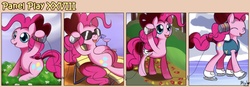 Size: 1400x489 | Tagged: safe, artist:solar-slash, pinkie pie, earth pony, pony, g4, autumn, comic, female, ice skating, mare, panel play, running of the leaves, seasons, smiling, spring, summer, sunglasses, sweat, winter