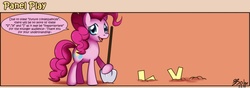 Size: 1400x490 | Tagged: safe, artist:solar-slash, pinkie pie, earth pony, pony, g4, comic, female, fourth wall, mare, panel play, shovel, smiling, solo