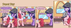 Size: 1400x550 | Tagged: safe, artist:solar-slash, pinkie pie, twilight sparkle, earth pony, pony, unicorn, g4, mmmystery on the friendship express, bubble pipe, comic, deerstalker, detective, duo, duo female, female, hat, magnifying glass, mare, panel play, sherlock holmes, sherlock pie