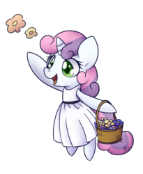 Size: 900x1100 | Tagged: safe, artist:solar-slash, sweetie belle, unicorn, semi-anthro, g4, basket, clothes, cute, diasweetes, dress, female, filly, flower, flower girl, foal, simple background, smiling, solo, transparent background, wedding dress
