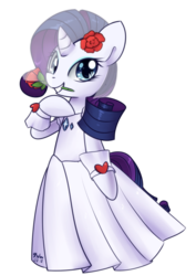 Size: 808x1140 | Tagged: safe, artist:solar-slash, rarity, unicorn, semi-anthro, g4, clothes, cute, dress, female, flower, flower in mouth, mare, mouth hold, raribetes, rose, simple background, smiling, solo, transparent background, wedding dress