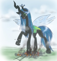Size: 850x910 | Tagged: safe, artist:alloyrabbit, queen chrysalis, changeling, changeling queen, g4, attack on changeling, attack on pony, attack on titan, city, crushing, female, fire, giant (queen) chrysalis, macro, plane, solo