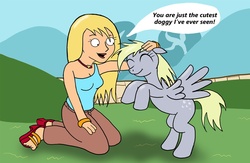 Size: 1375x895 | Tagged: safe, artist:jarntazecht, derpy hooves, human, pegasus, pony, g4, crossover, duo, family guy, female, floppy ears, human on pony petting, jillian, male, mare, petting
