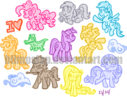 Size: 499x381 | Tagged: safe, artist:blimpslap, applejack, braeburn, derpy hooves, doctor whooves, fluttershy, gummy, pinkie pie, rainbow dash, rarity, time turner, twilight sparkle, butterfly, earth pony, pegasus, pony, unicorn, g4, cloud, eyes closed, female, food, male, mane six, mare, muffin, obtrusive watermark, one eye closed, sitting, stallion, unicorn twilight, watermark