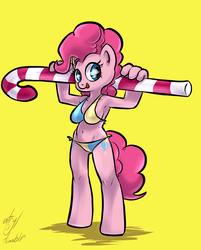 Size: 1280x1595 | Tagged: safe, artist:atryl, pinkie pie, earth pony, anthro, unguligrade anthro, g4, armpits, belly button, bikini, candy cane, clothes, female, simple background, solo, swimsuit, tongue out, yellow background