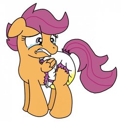 Size: 398x400 | Tagged: safe, artist:fillyscoots42, scootaloo, pegasus, pony, g4, crinkleloo, crying, diaper, diaper fetish, diaperloo, female, filly, floppy ears, foal, mare, non-baby in diaper, simple background, solo, urine, wet diaper, white background