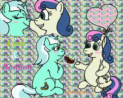 Size: 3155x2524 | Tagged: safe, artist:puffydearlysmith, bon bon, lyra heartstrings, sweetie drops, earth pony, pony, unicorn, g4, abstract background, balloon, bbw, belly, big belly, blushing, bon blob, boop, chubby, fat, female, heart balloon, high res, lesbian, mare, marriage proposal, ring, ship:lyrabon, shipping, sitting, wedding ring