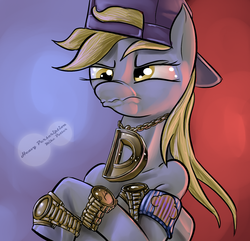 Size: 1477x1423 | Tagged: safe, artist:themessengerboy, derpy hooves, pegasus, semi-anthro, g4, abstract background, backwards ballcap, baseball cap, bling, cap, female, frown, gangsta, gangster, hat, solo, watch, wristwatch