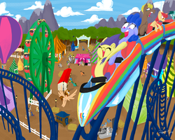 Size: 1600x1280 | Tagged: safe, artist:aliasforrent, oc, oc only, earth pony, pegasus, pony, unicorn, amusement park, day, female, ferris wheel, hot air balloon, male, mare, roller coaster, stallion, tent, turntable