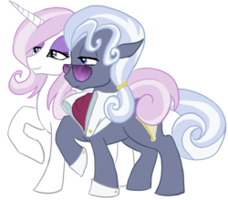 Size: 900x790 | Tagged: source needed, safe, artist:bux, fleur-de-lis, hoity toity, earth pony, pony, unicorn, g4, duo, female, lidded eyes, male, mare, simple background, stallion, sunglasses, transparent background, walking