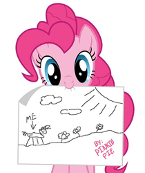 Size: 579x689 | Tagged: safe, pinkie pie, earth pony, pony, g4, cute, drawing, exploitable meme, female, looking at you, mare, meme, mouth hold, paper, pinkie's note meme, simple background, solo, white background