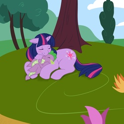 Size: 2000x2000 | Tagged: safe, artist:fluffikitten, spike, twilight sparkle, dragon, pony, unicorn, g4, eyes closed, female, floppy ears, high res, male, mama twilight, mare, prone, smiling, spikelove, tree