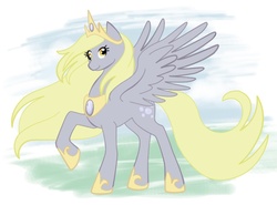 Size: 774x574 | Tagged: safe, artist:bux, derpy hooves, alicorn, pony, g4, abstract background, alicornified, derpicorn, female, mare, princess, race swap, raised hoof, smiling, solo, spread wings, wings