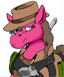 Size: 684x817 | Tagged: artist needed, source needed, safe, oc, oc only, oc:cherry pie, earth pony, pony, fallout equestria, fallout equestria: new pegas, better source needed, clothes, hat, male, simple background, solo, stallion, weapon, white background