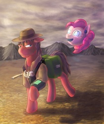 Size: 1724x2053 | Tagged: safe, oc, oc only, oc:cherry pie, earth pony, pony, robot, fallout equestria, fallout equestria: new pegas, fanfic art, floppy ears, hat, hey listen!, male, pink-e, pipbuck, saddle bag, stallion, walking, wasteland, weapon