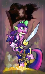 Size: 1160x1904 | Tagged: safe, artist:kna, spike, twilight sparkle, dragon, pony, unicorn, g4, clothes, ear piercing, earring, eyepatch, female, flag, jewelry, male, mare, piercing, pirate, scarf, sword, weapon