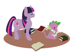 Size: 582x424 | Tagged: safe, artist:tinrobo, spike, twilight sparkle, dragon, pony, unicorn, g4, book, duo, female, male, mare, writing