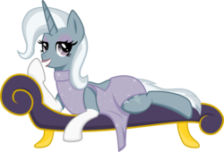 Size: 5011x3412 | Tagged: safe, artist:catnipfairy, trixie, pony, unicorn, g4, clothes, couch, dress, evening gloves, eyeshadow, female, lidded eyes, lipstick, mare, prone, simple background, smiling, solo, transparent background, vector
