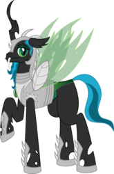 Size: 3432x5209 | Tagged: safe, artist:catnipfairy, queen chrysalis, changeling, g4, armor, changeling king, hoof shoes, king metamorphosis, looking at you, male, raised hoof, rule 63, simple background, smiling, solo, spread wings, transparent background, vector, wavy mouth