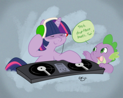 Size: 1000x800 | Tagged: safe, artist:kkitty23, spike, twilight sparkle, dragon, pony, unicorn, g4, abstract background, bipedal, disc jockey, eyes closed, female, headphones, male, mare, smiling, turntable