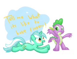 Size: 1164x889 | Tagged: safe, artist:041744, lyra heartstrings, spike, dragon, pony, unicorn, g4, duo, female, hand, male, mare, prone, simple background, that pony sure does love hands, transparent background