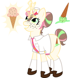 Size: 3340x3732 | Tagged: safe, artist:catnipfairy, oc, oc only, pony, unicorn, clothes, dropped ice cream, female, freckles, glowing horn, hat, high res, horn, ice cream, ice cream cone, ice cream mare, magic, mare, simple background, smiling, solo, telekinesis, transparent background, vector
